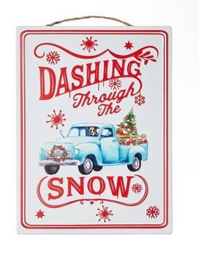 Metal “Dashing Through The Snow” Dog in Pickup Truck Sign